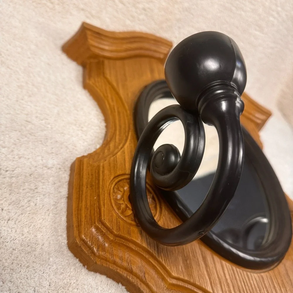Vintage Faux Wood Shield Wall Mirror Sconce Dual Candle Holder Black Scroll Arms